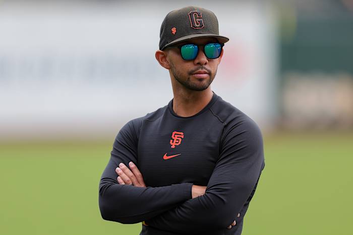 Jul 13, 2022; San Francisco, California, USA; San Francisco Giants bench/infield coach Kai Correa (50) before the game against the Arizona Diamondbacks at Oracle Park. Mandatory Credit: Sergio Estrada-USA TODAY Sports